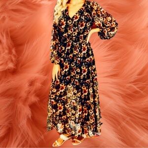 Peach Love California Boho Floral Sheer Overlay V-neck Swing Midi Dress